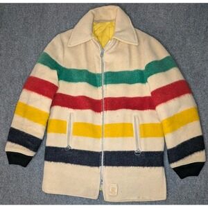 VTG 60s Hudson's Bay 4 Point Striped Wool Reversible Coat Jacket Womens 12